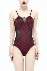 Maillot de bain une pièce gothique rouge vin avec empiècement en mesh et laçage